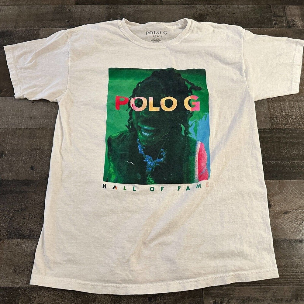 Polo G T-Shirt Men's Large White Graphic Music Rap Hall Of Fame Hip HOp